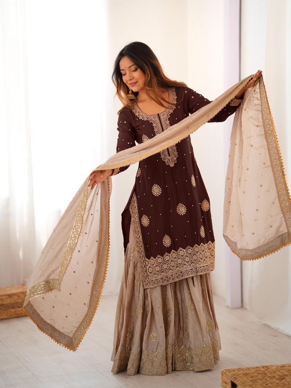 Brown Chinon Silk Sharara Suit Set for Women