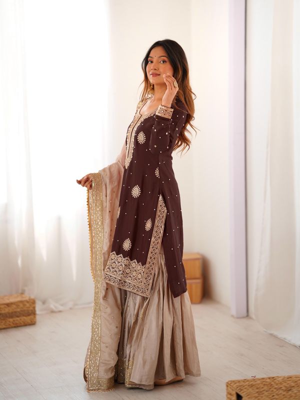 Brown Chinon Silk Sharara Suit Set for Women