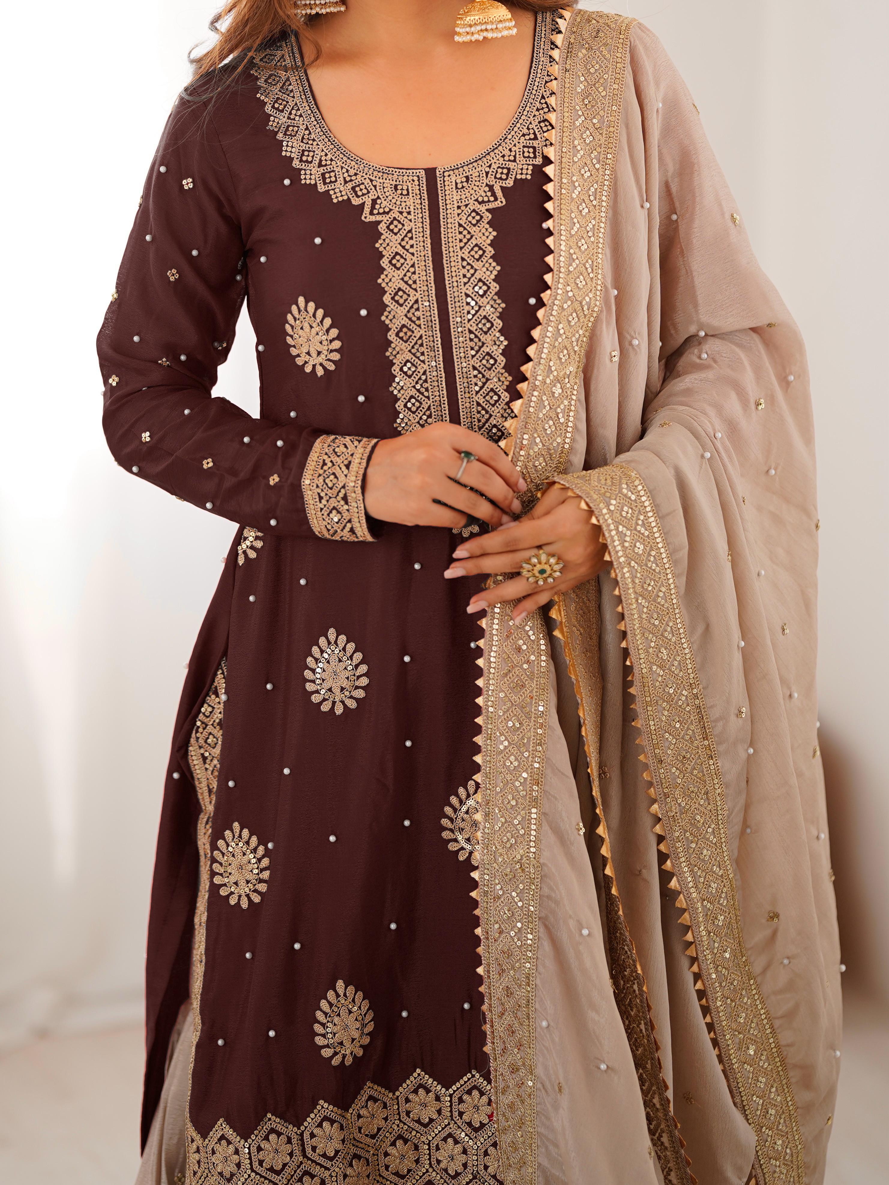 Brown Chinon Silk Sharara Suit Set for Women