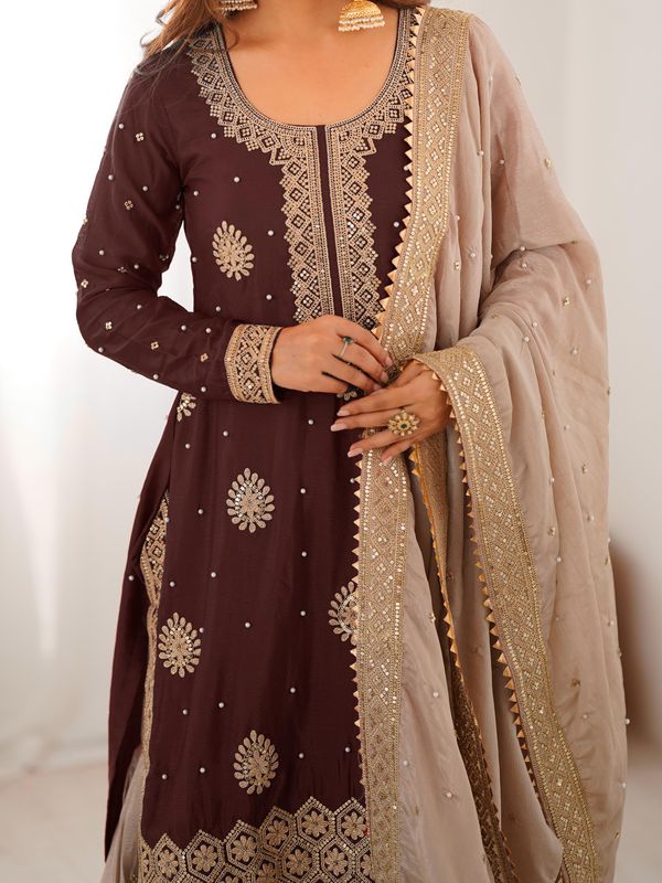 Brown Chinon Silk Sharara Suit Set for Women