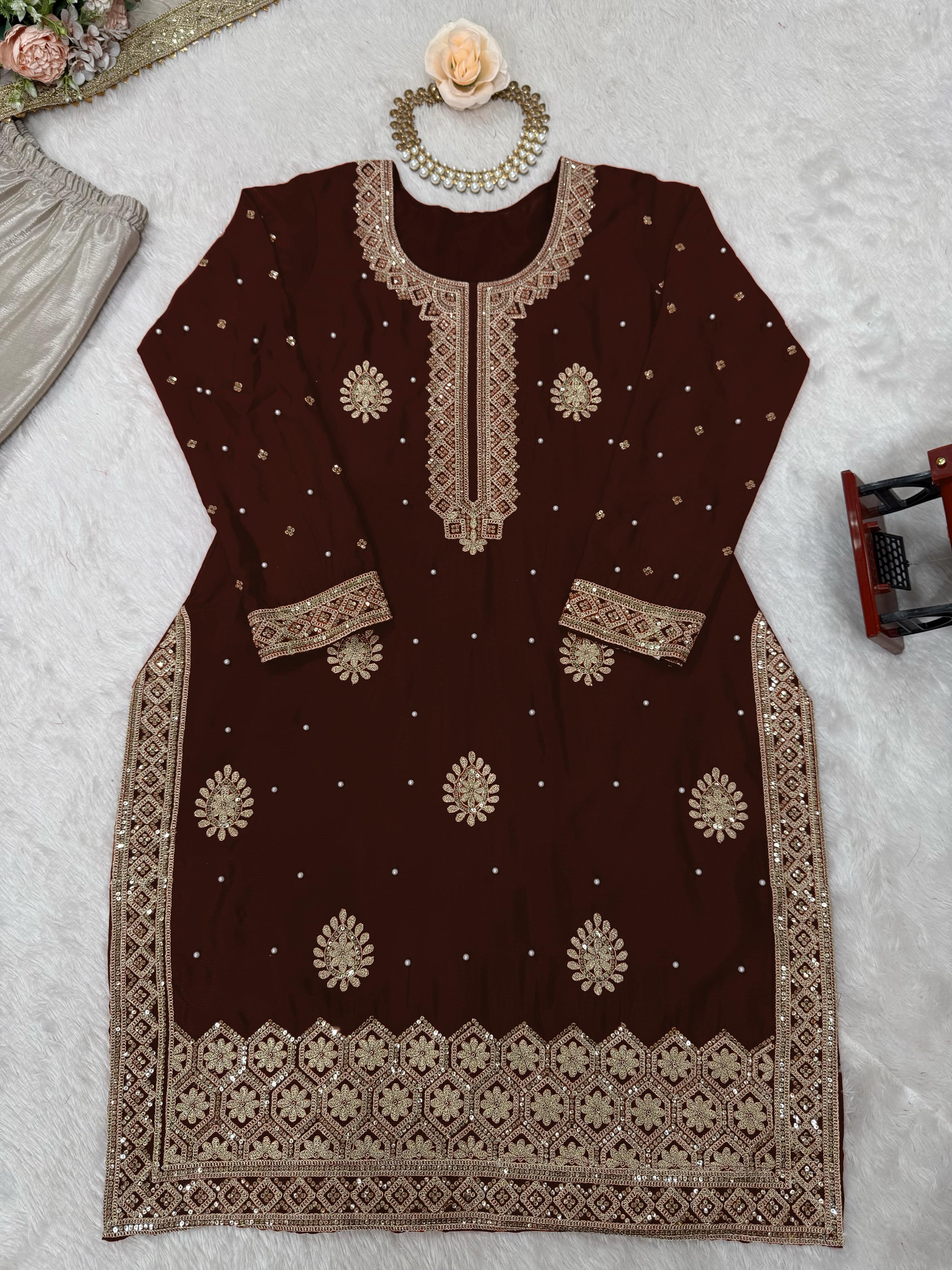 Brown Chinon Silk Sharara Suit Set for Women