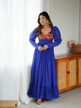 Blue Printed Georgette Designer Gown for Women Festive