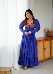Blue Printed Georgette Designer Gown for Women Festive - Blue