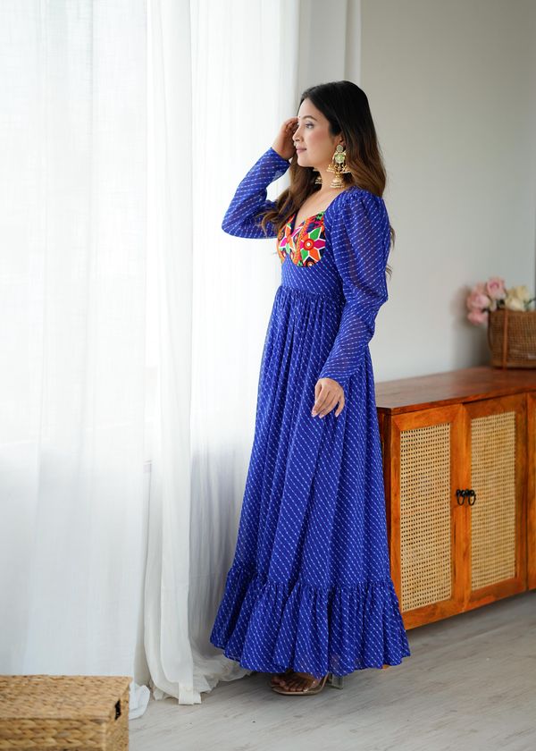 Blue Printed Georgette Designer Gown for Women Festive