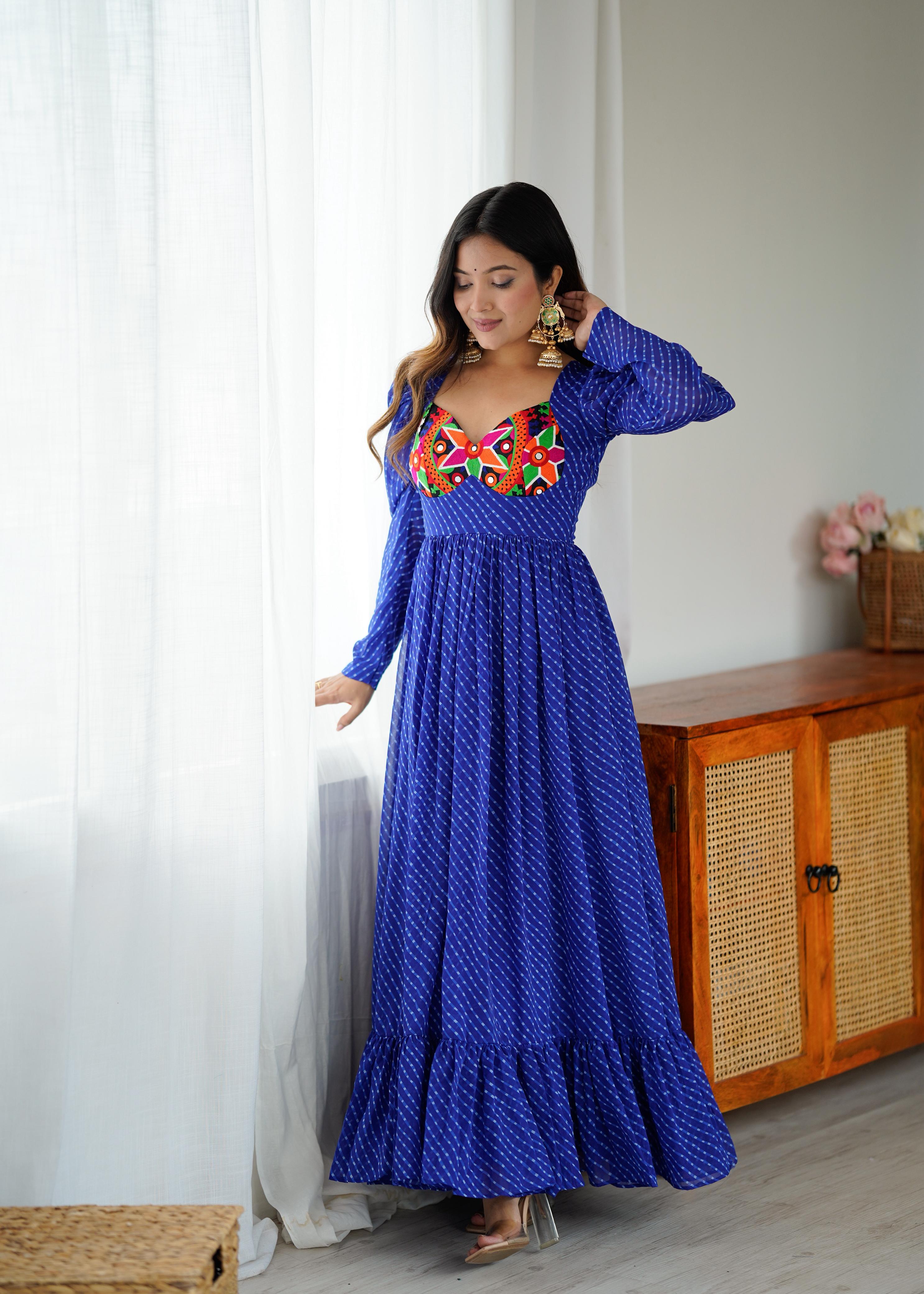 Blue Printed Georgette Designer Gown for Women Festive