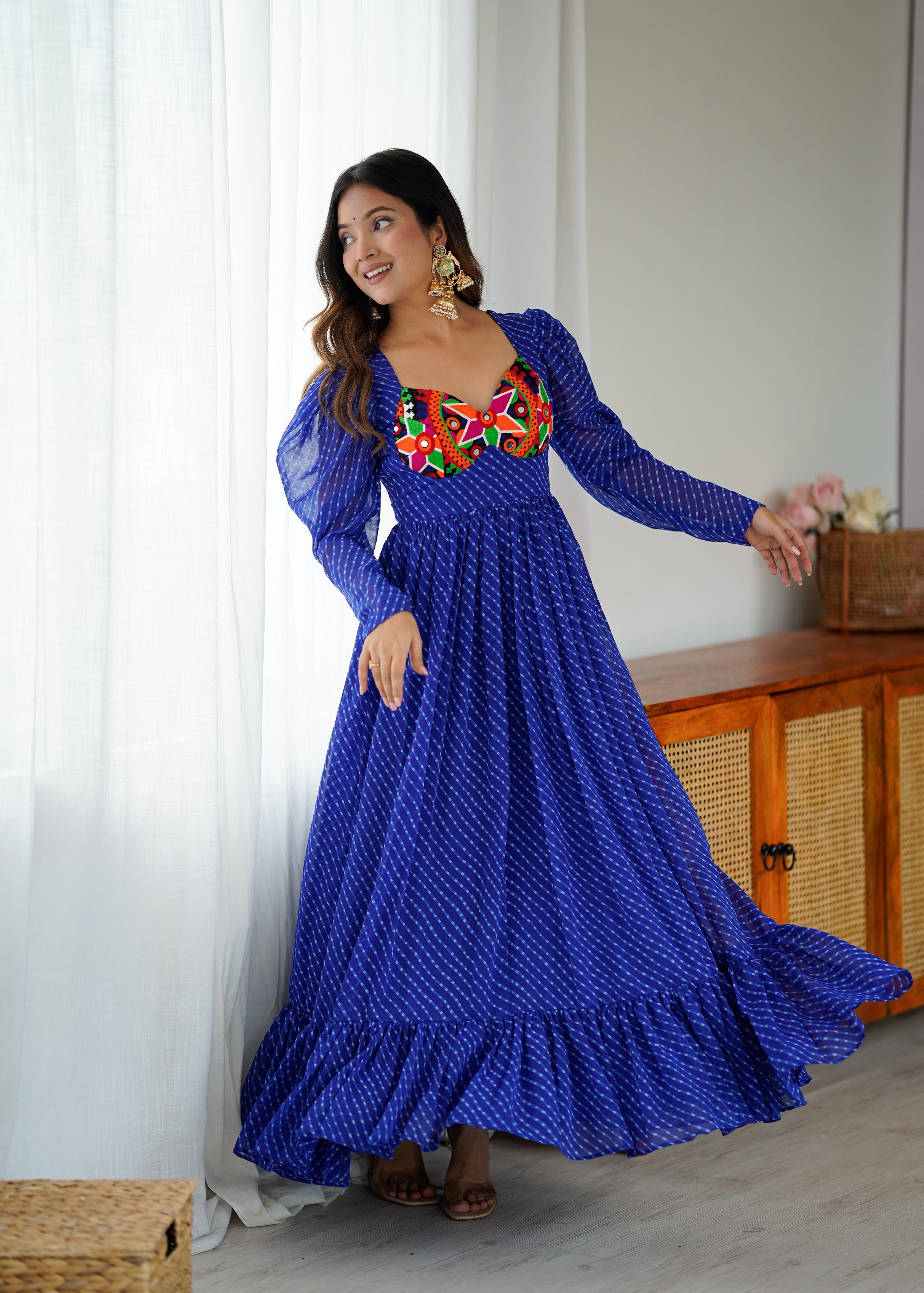 Blue Printed Georgette Designer Gown for Women Festive