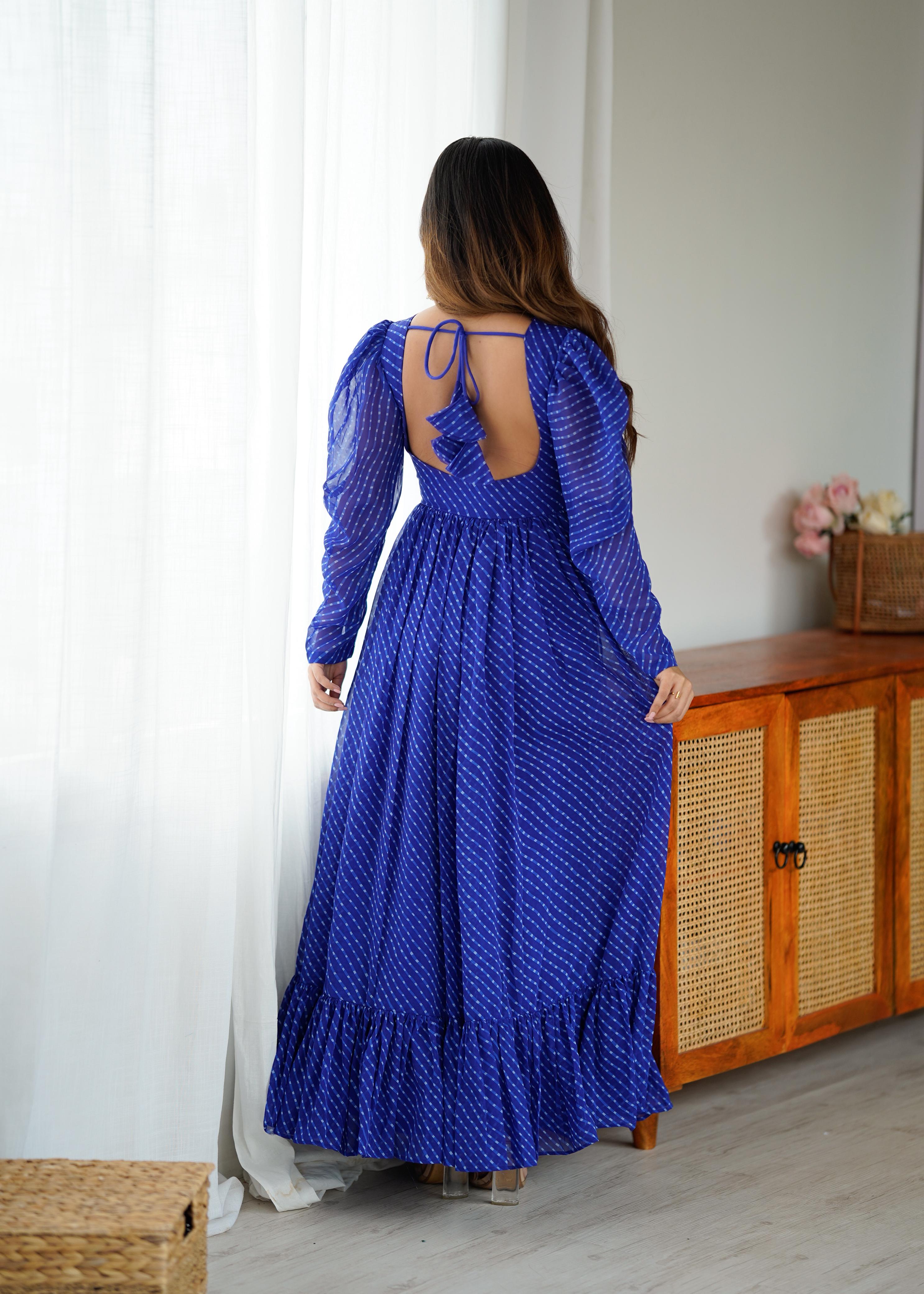 Blue Printed Georgette Designer Gown for Women Festive