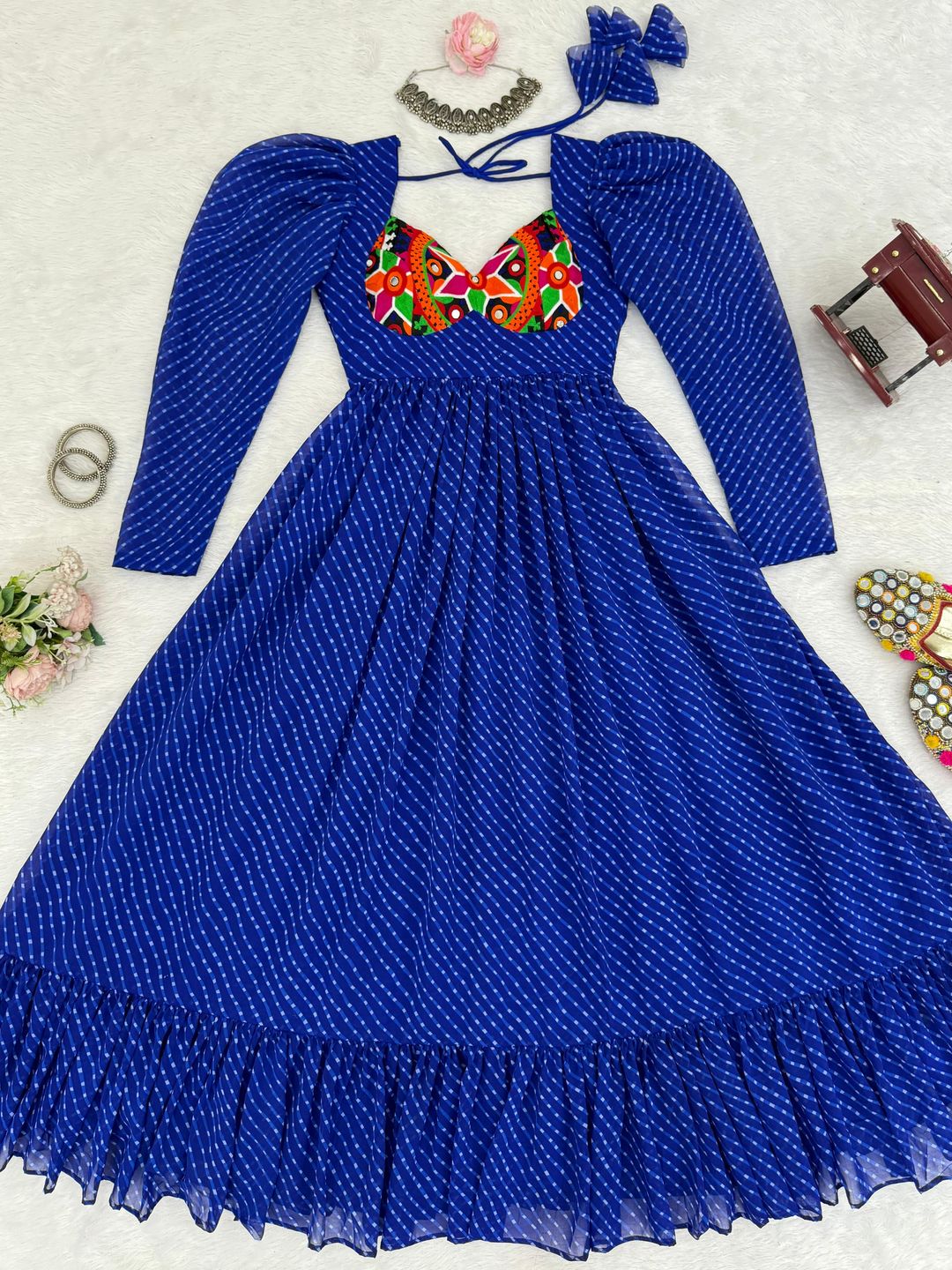Blue Printed Georgette Designer Gown for Women Festive