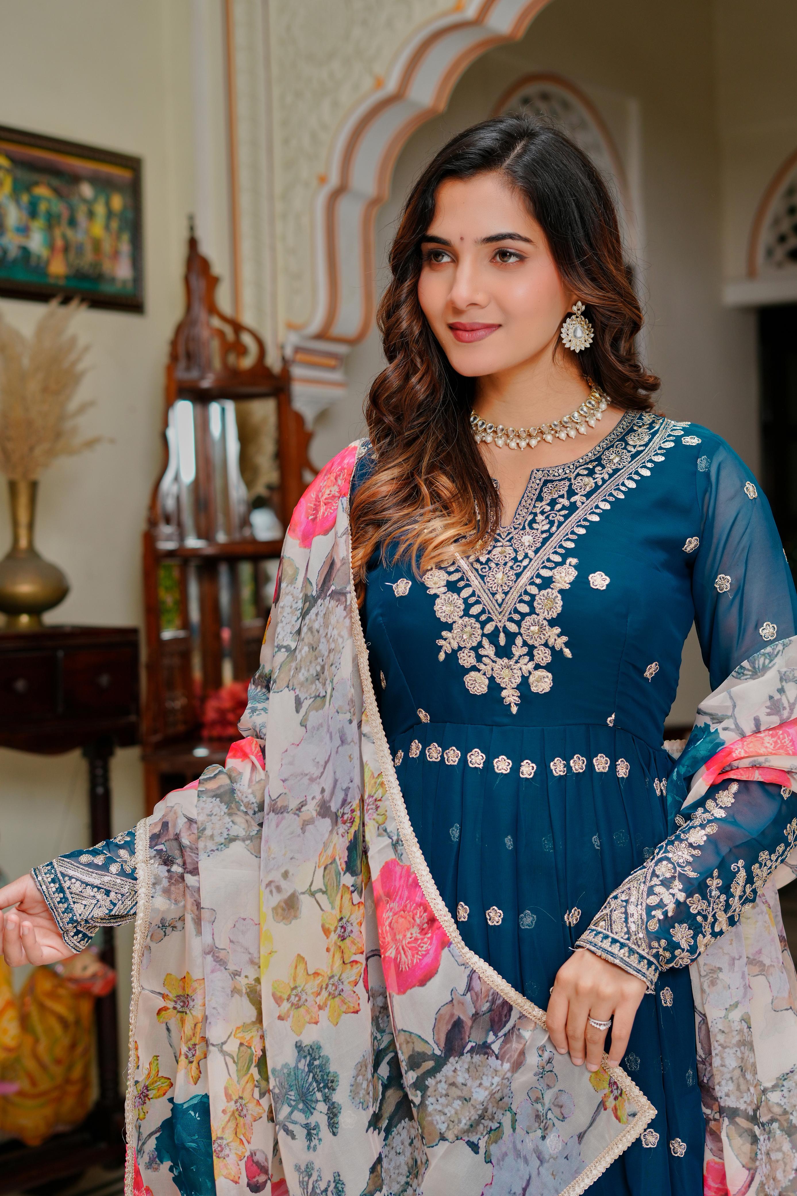 BLUE Georgette Designer Gown Set with Dupatta Women