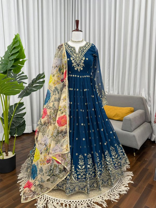 BLUE Georgette Designer Gown Set with Dupatta Women