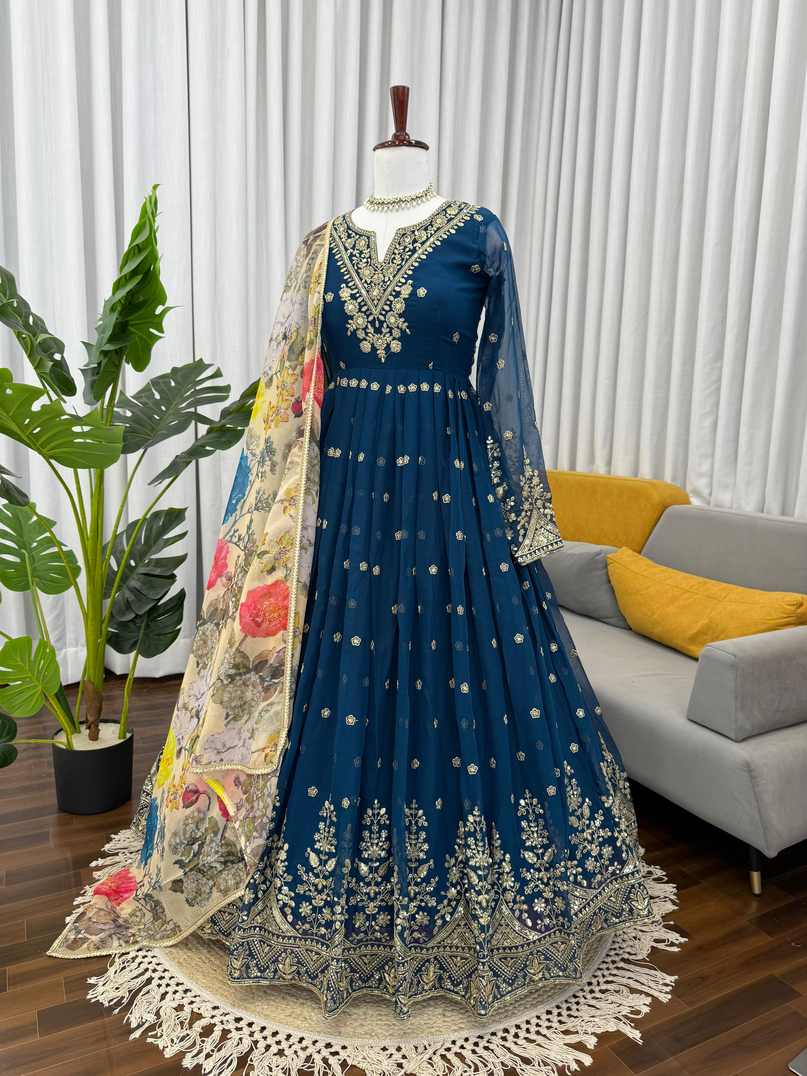 BLUE Georgette Designer Gown Set with Dupatta Women