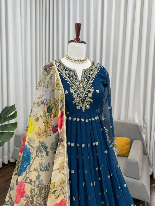 BLUE Georgette Designer Gown Set with Dupatta Women
