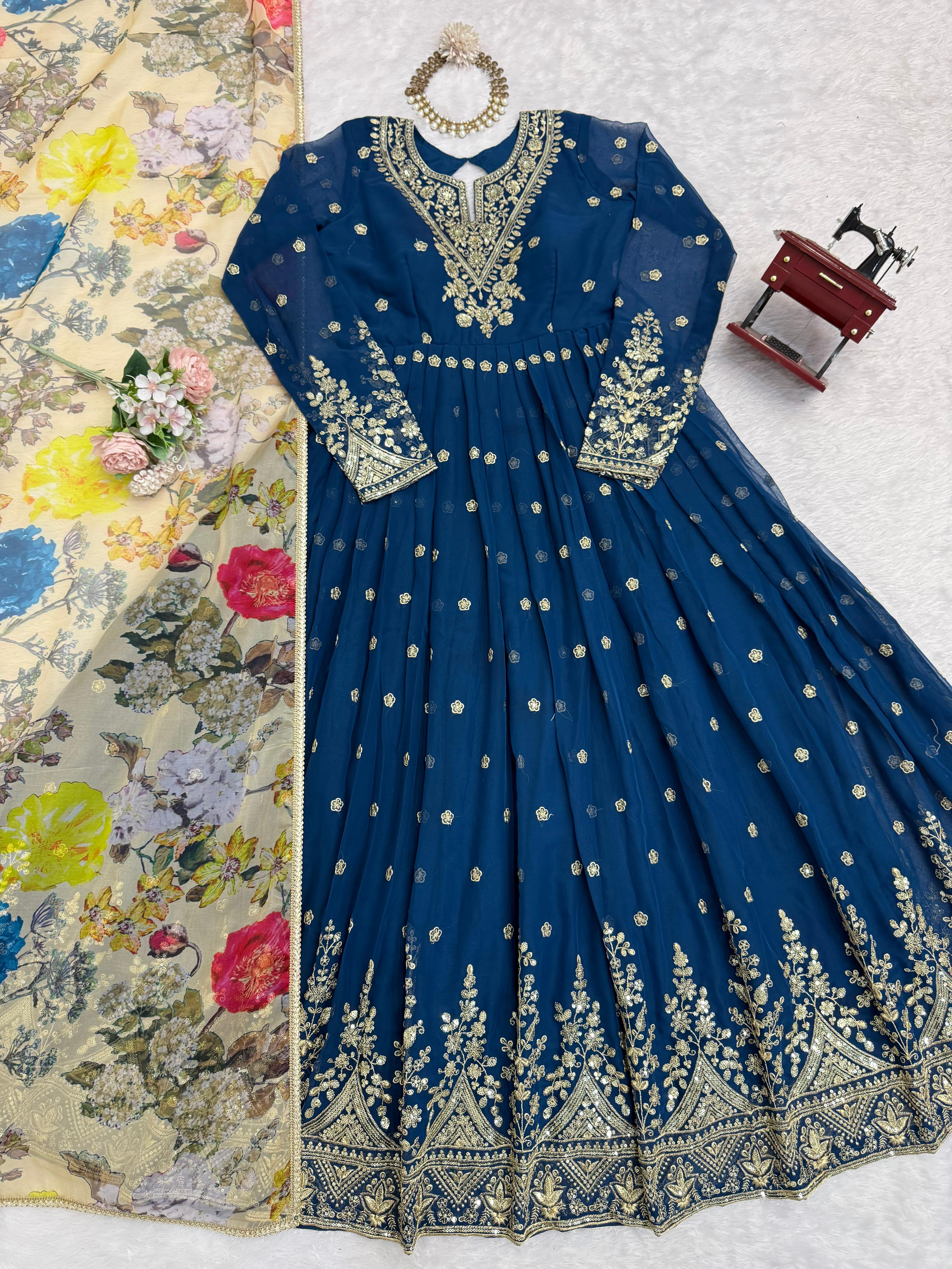 BLUE Georgette Designer Gown Set with Dupatta Women