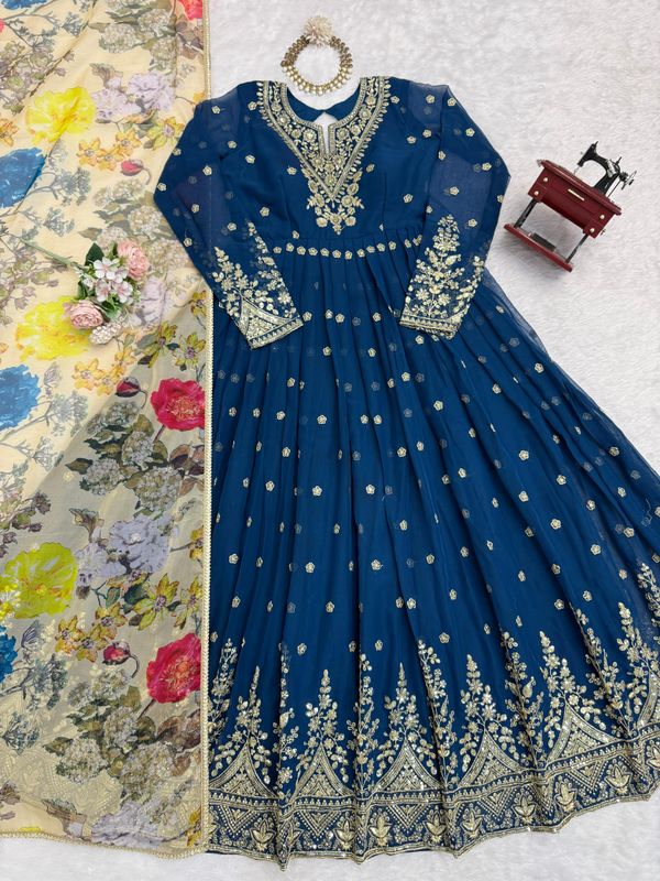 BLUE Georgette Designer Gown Set with Dupatta Women