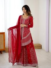 Red Embroidered Georgette Plazo Set for Women - Red