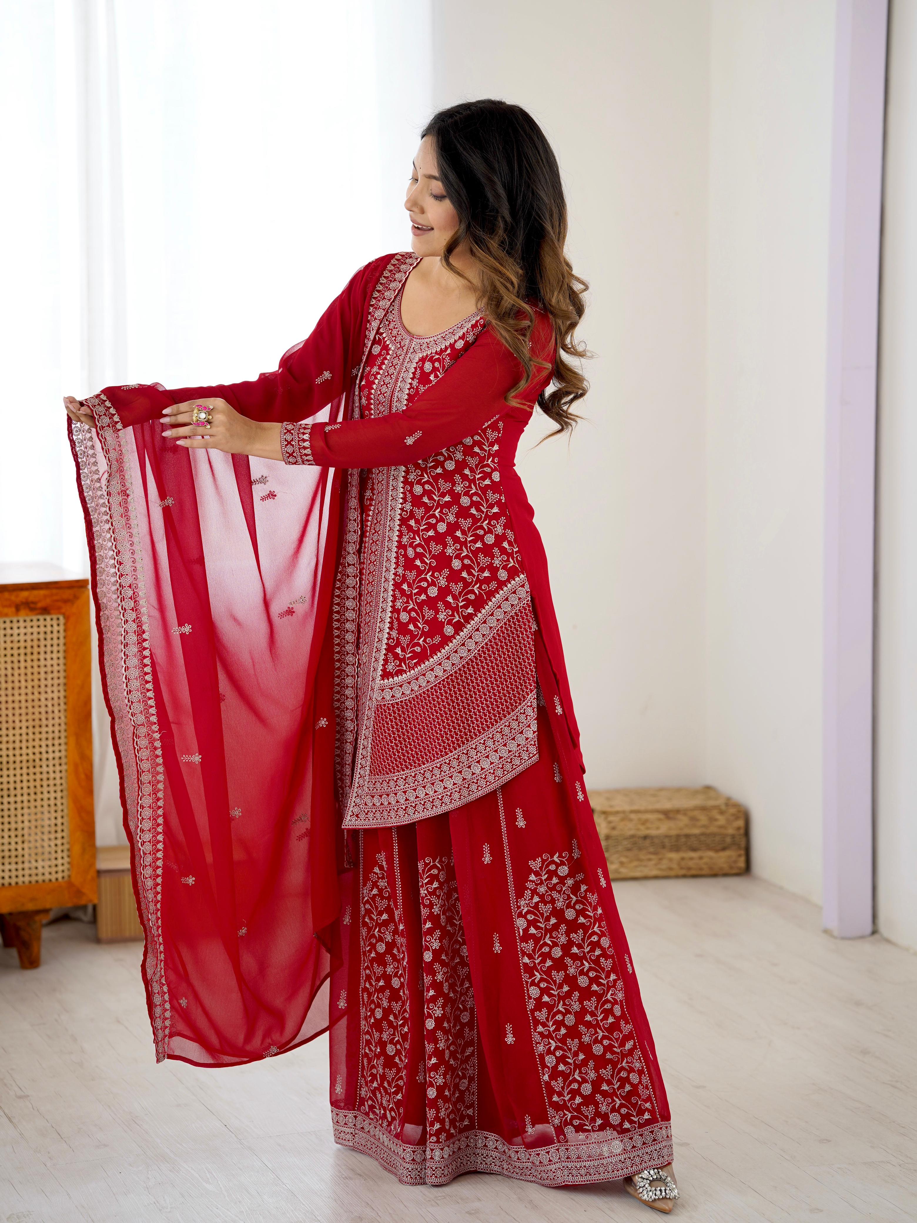 Red Embroidered Georgette Plazo Set for Women
