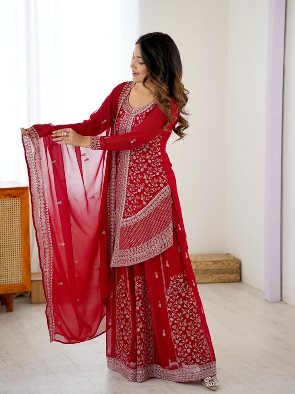 Red Embroidered Georgette Plazo Set for Women