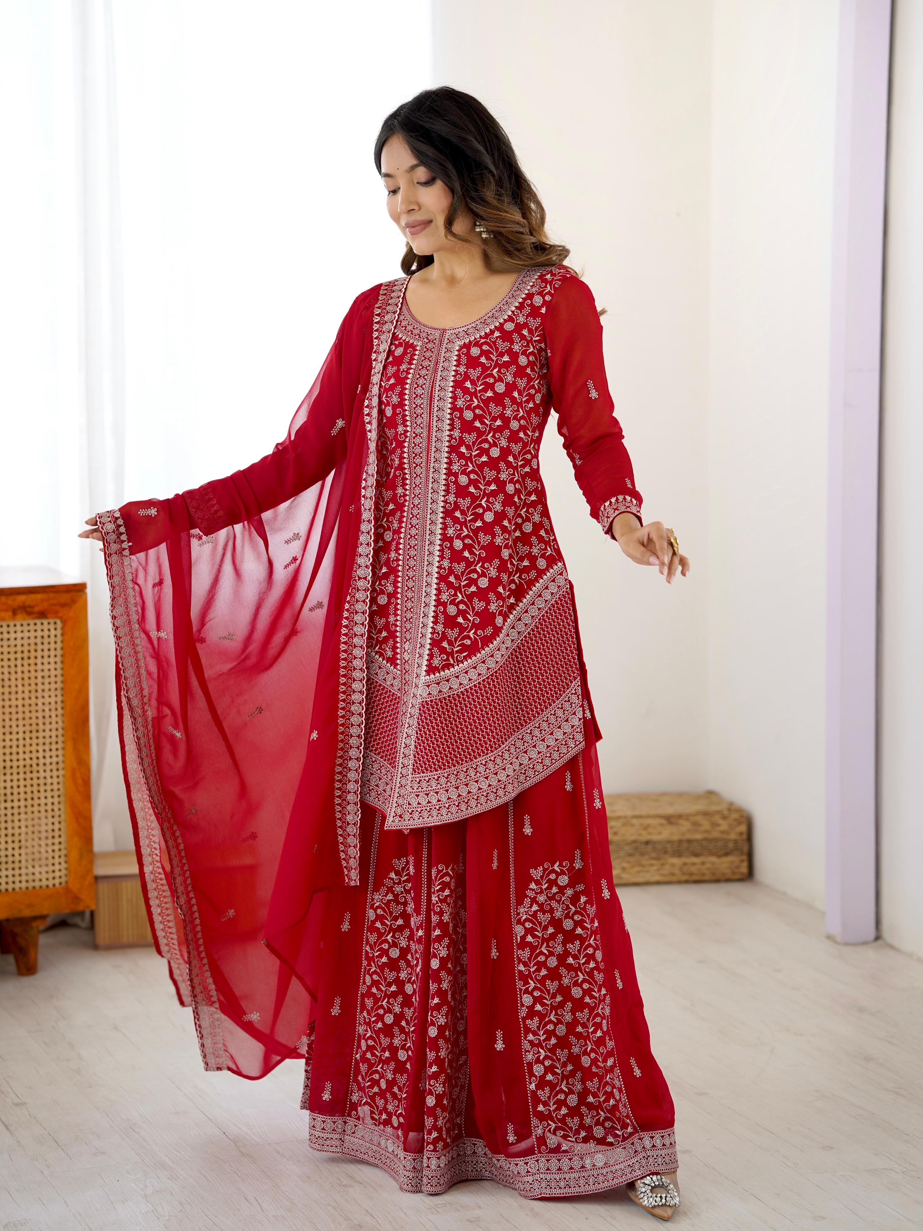Red Embroidered Georgette Plazo Set for Women