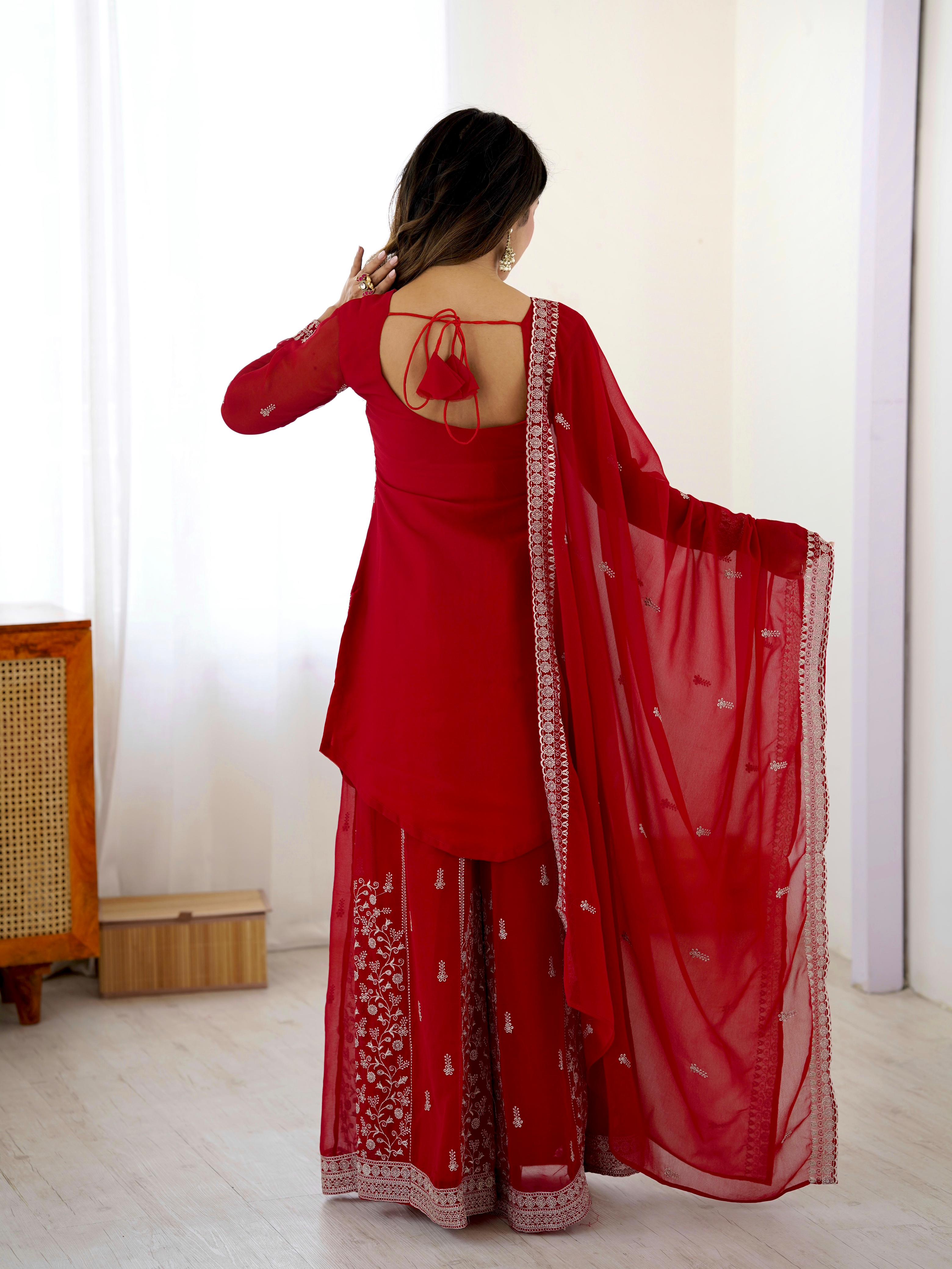 Red Embroidered Georgette Plazo Set for Women