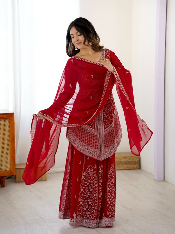 Red Embroidered Georgette Plazo Set for Women