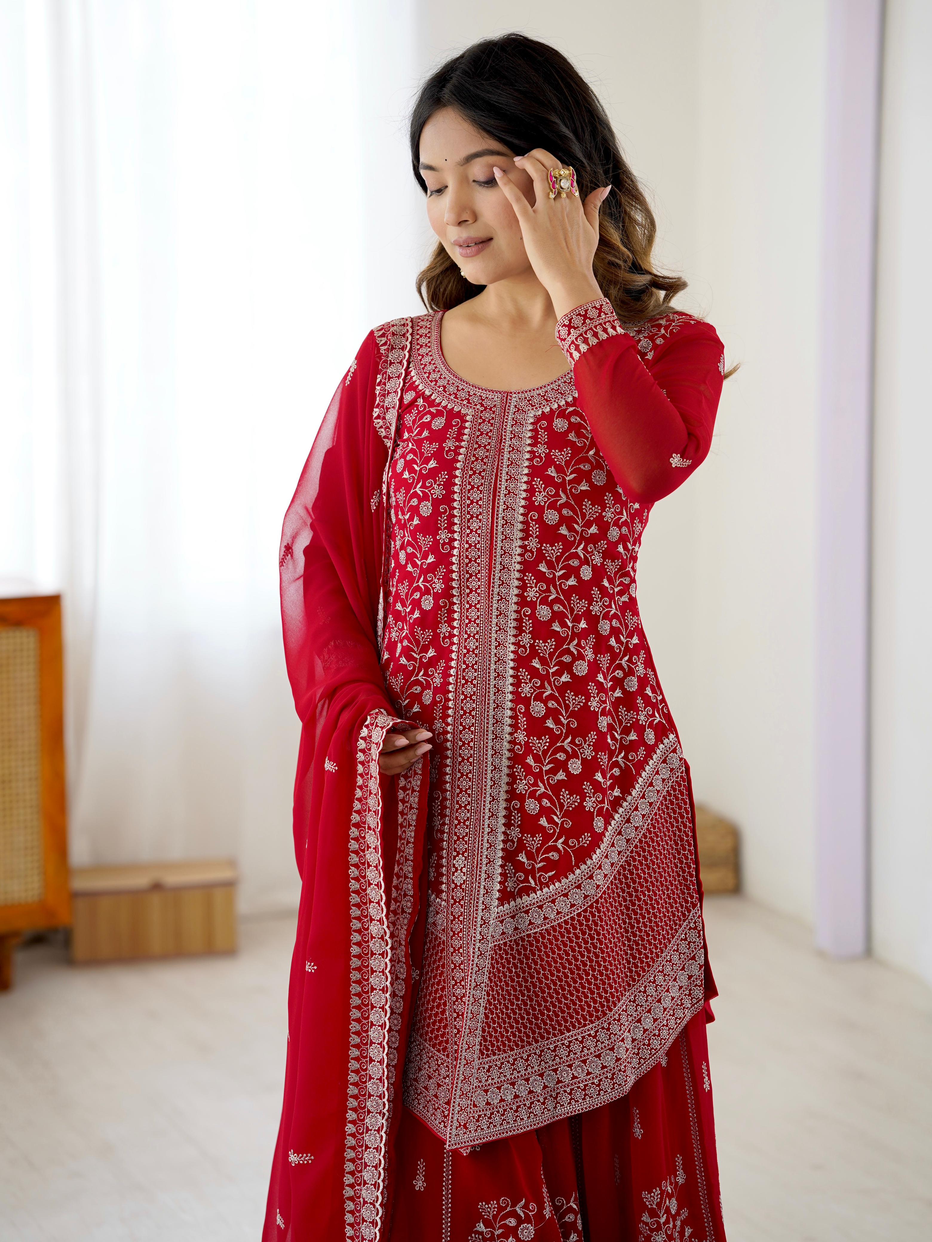 Red Embroidered Georgette Plazo Set for Women