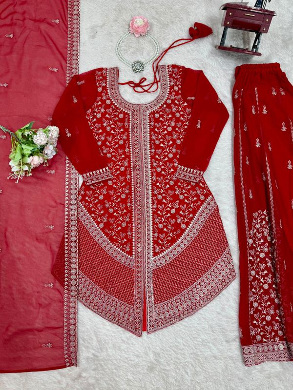 Red Embroidered Georgette Plazo Set for Women