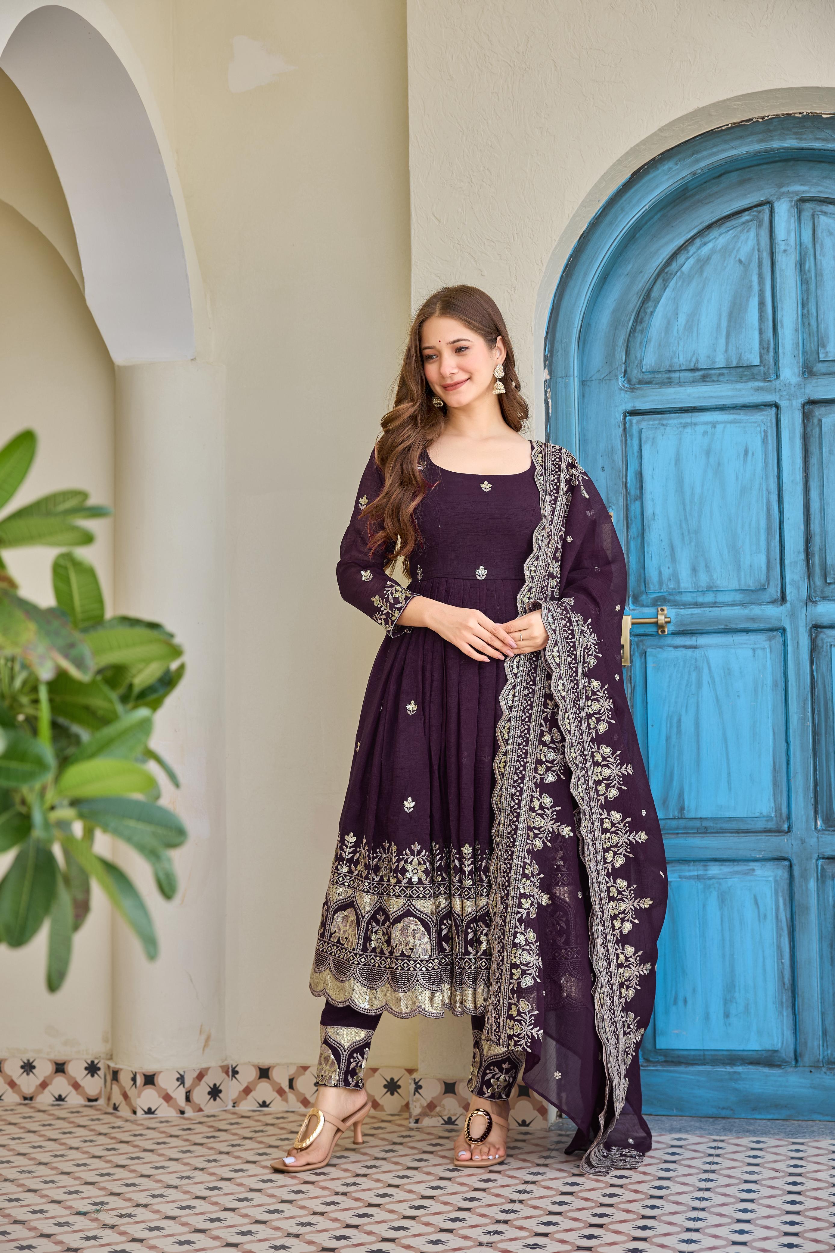 Wine Embroidered Anarkali Suit with Dupatta Online