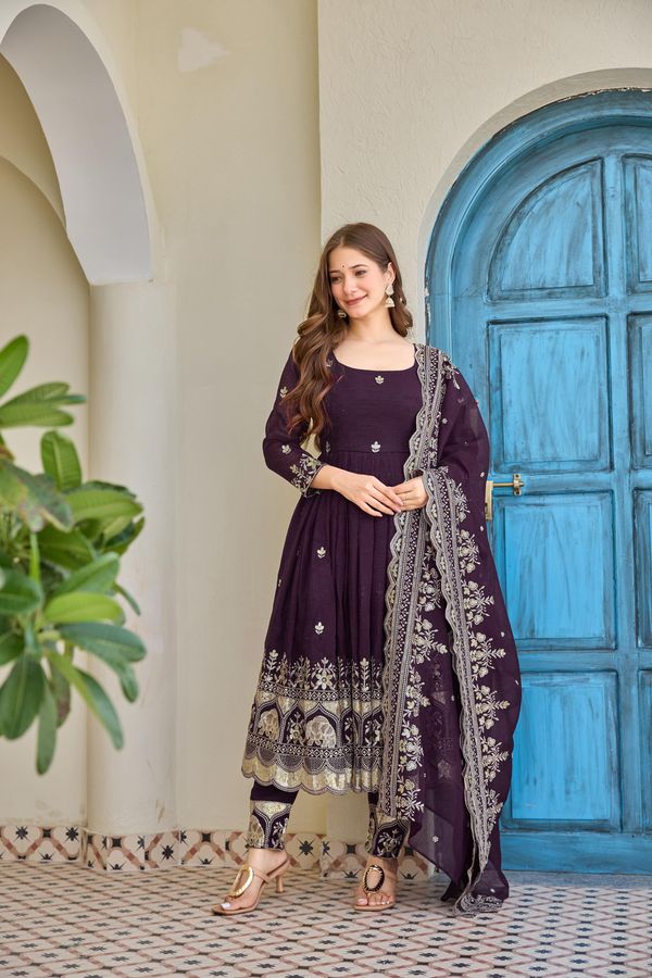 Wine Embroidered Anarkali Suit with Dupatta Online
