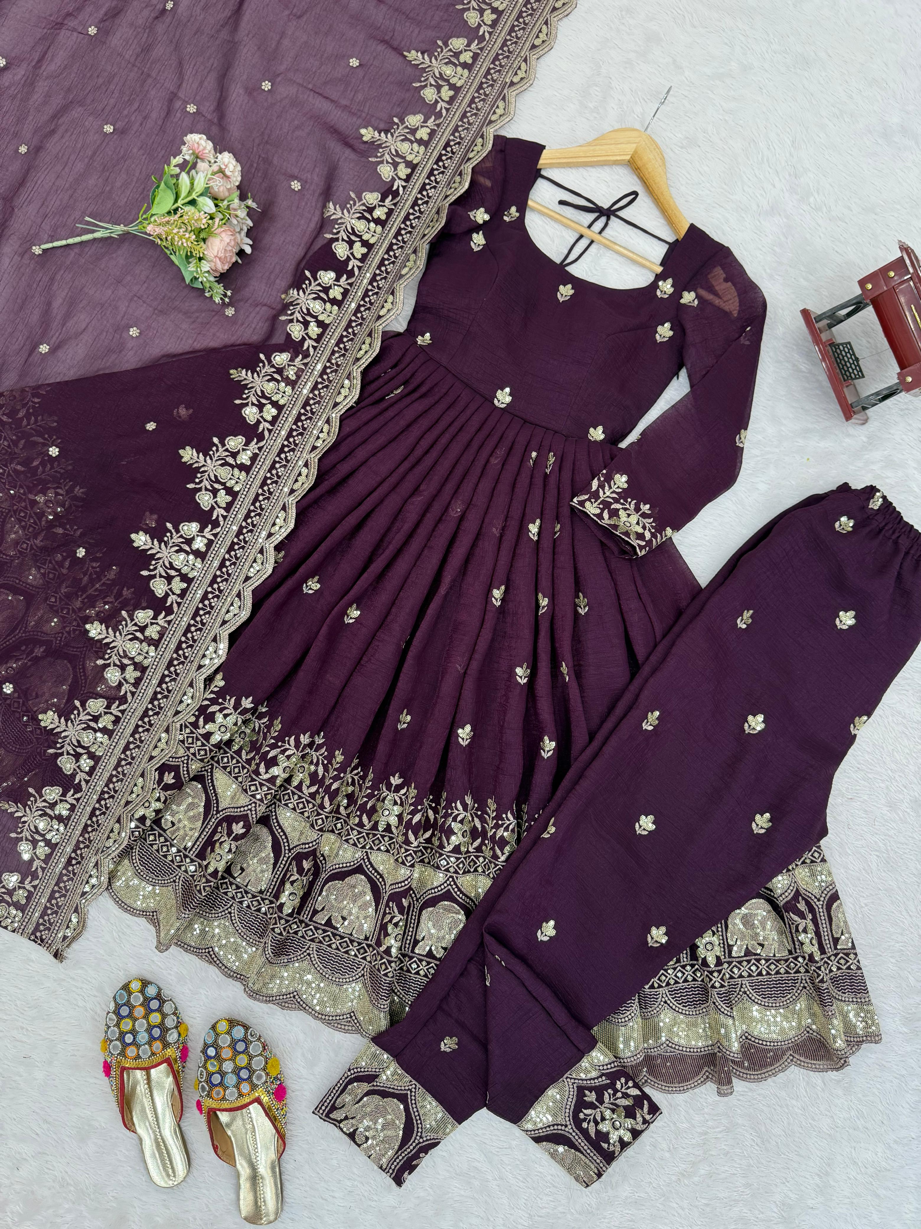 Wine Embroidered Anarkali Suit with Dupatta Online