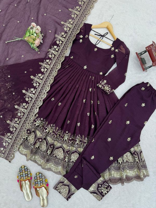 Wine Embroidered Anarkali Suit with Dupatta Online