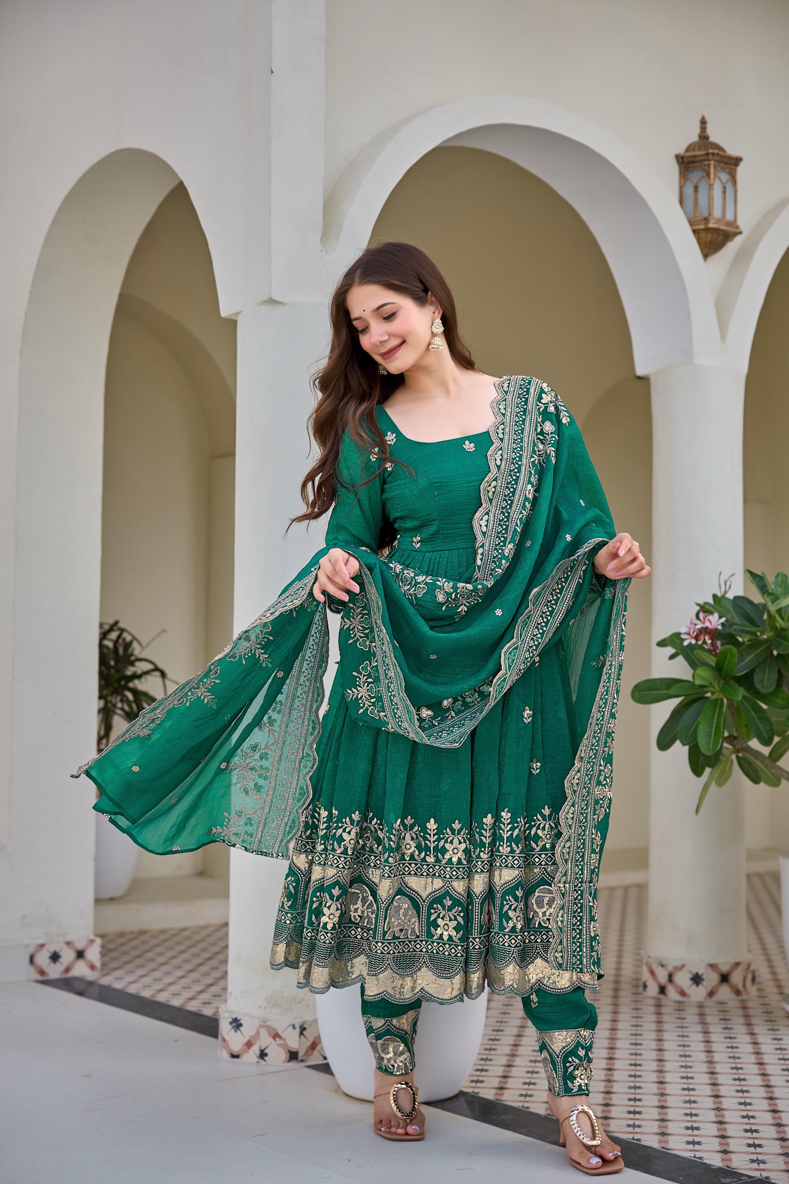 Green Embroidered Anarkali Suit Set for Women