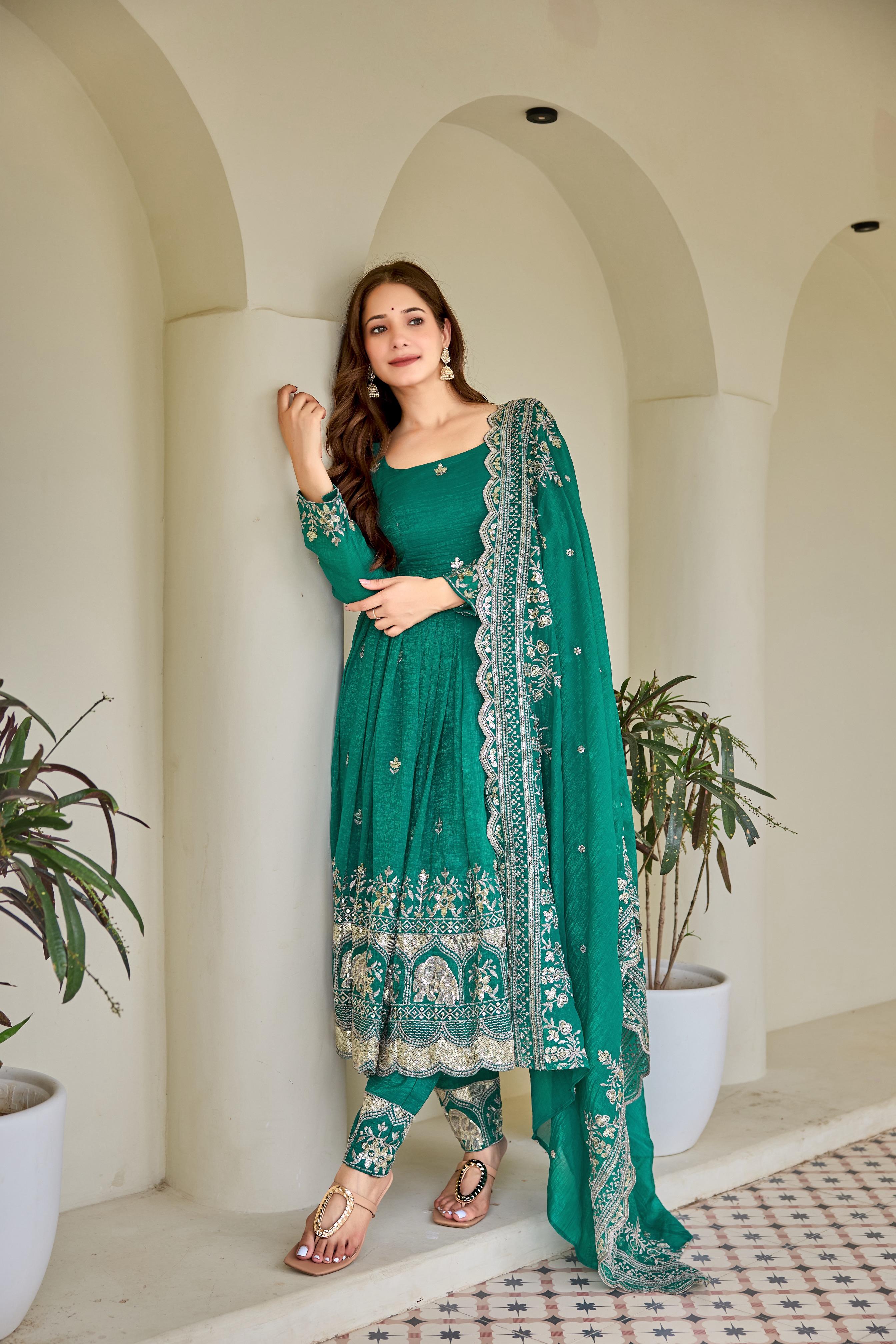 Green Embroidered Anarkali Suit Set for Women