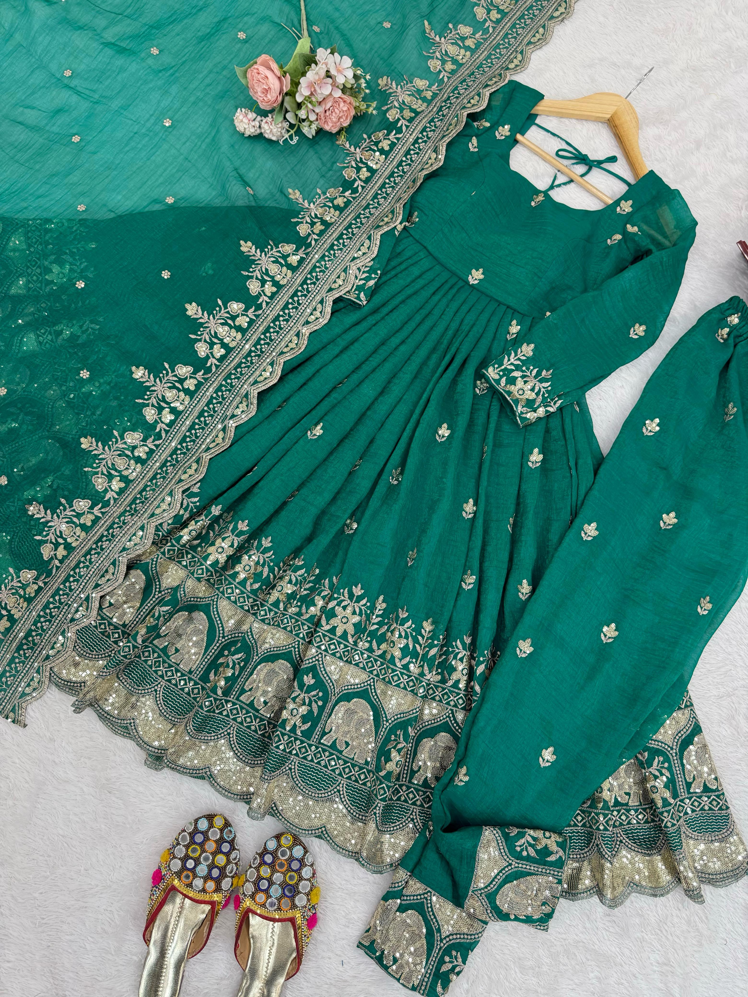 Green Embroidered Anarkali Suit Set for Women