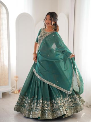 Designer Threadwork Silk Lehenga Choli Set with Dupatta