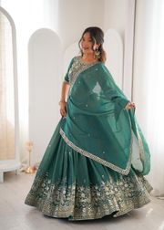 Designer Threadwork Silk Lehenga Choli Set with Dupatta - Green