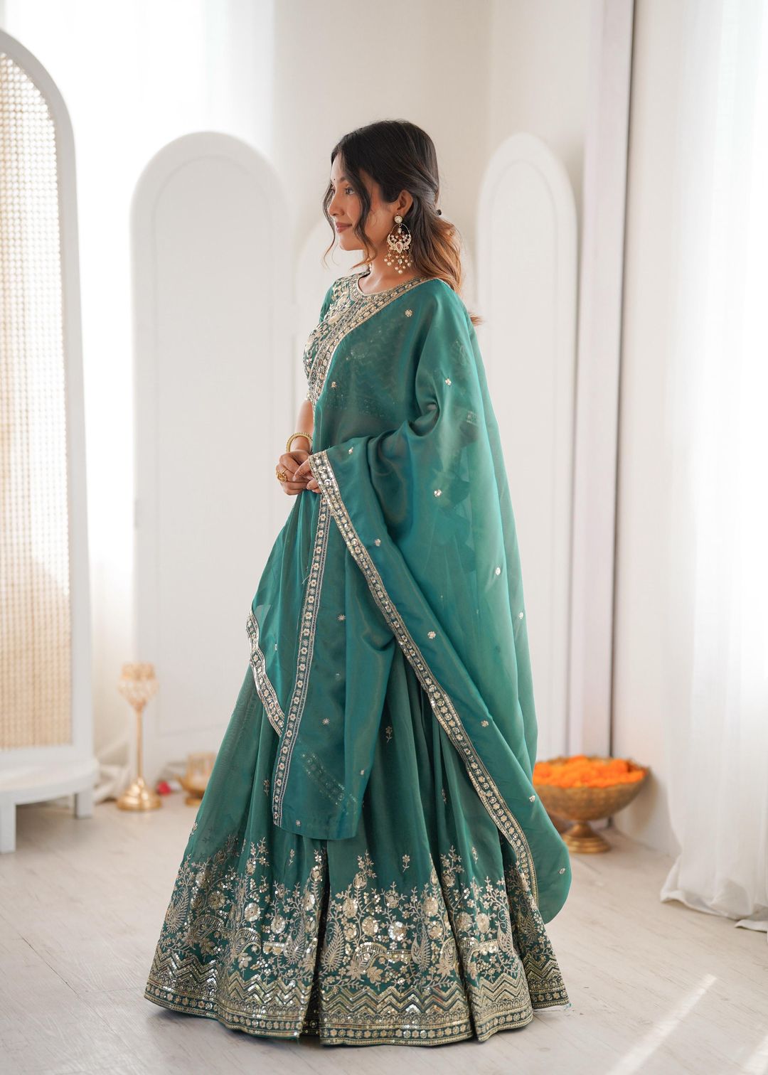 Designer Threadwork Silk Lehenga Choli Set with Dupatta