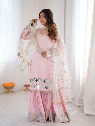 Pink Sharara Suit Set with Mirror Work Dupatta