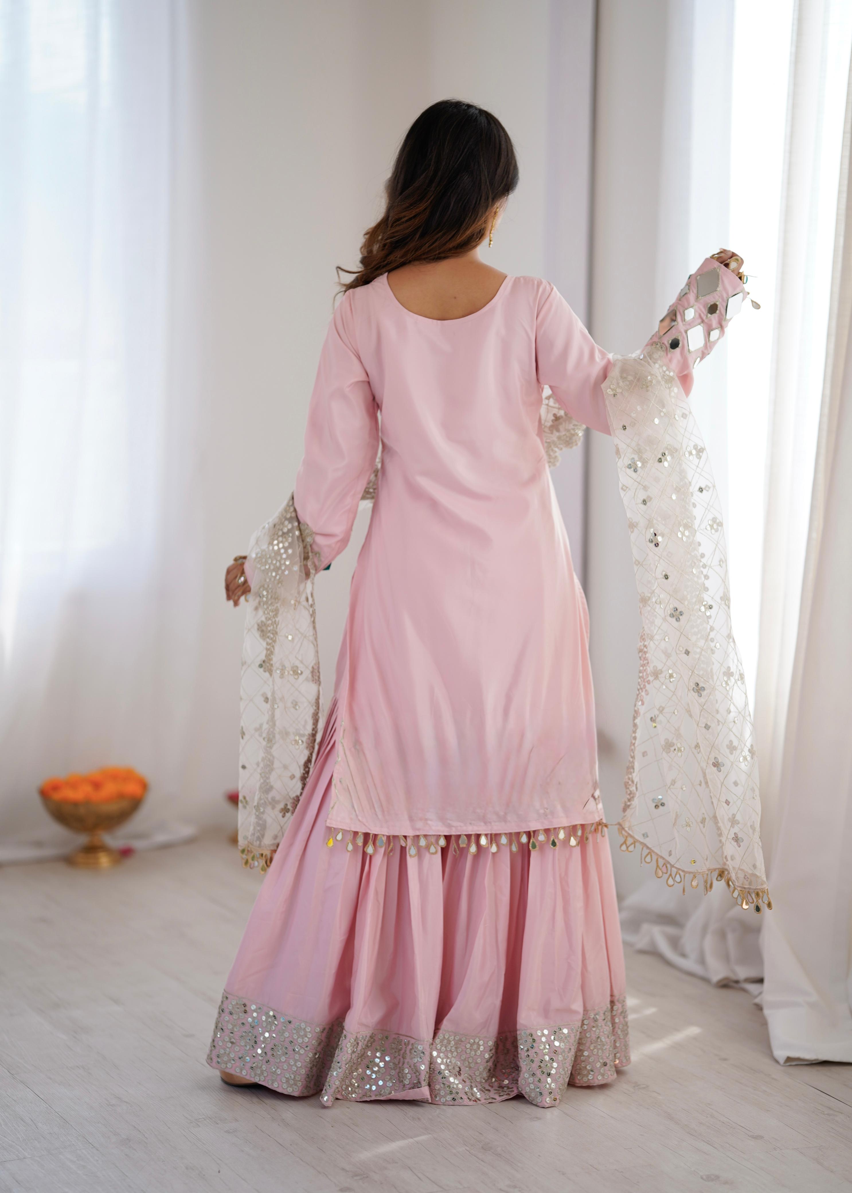 Pink Sharara Suit Set with Mirror Work Dupatta