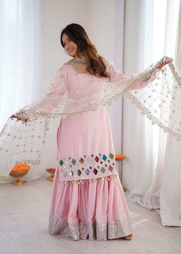 Pink Sharara Suit Set with Mirror Work Dupatta