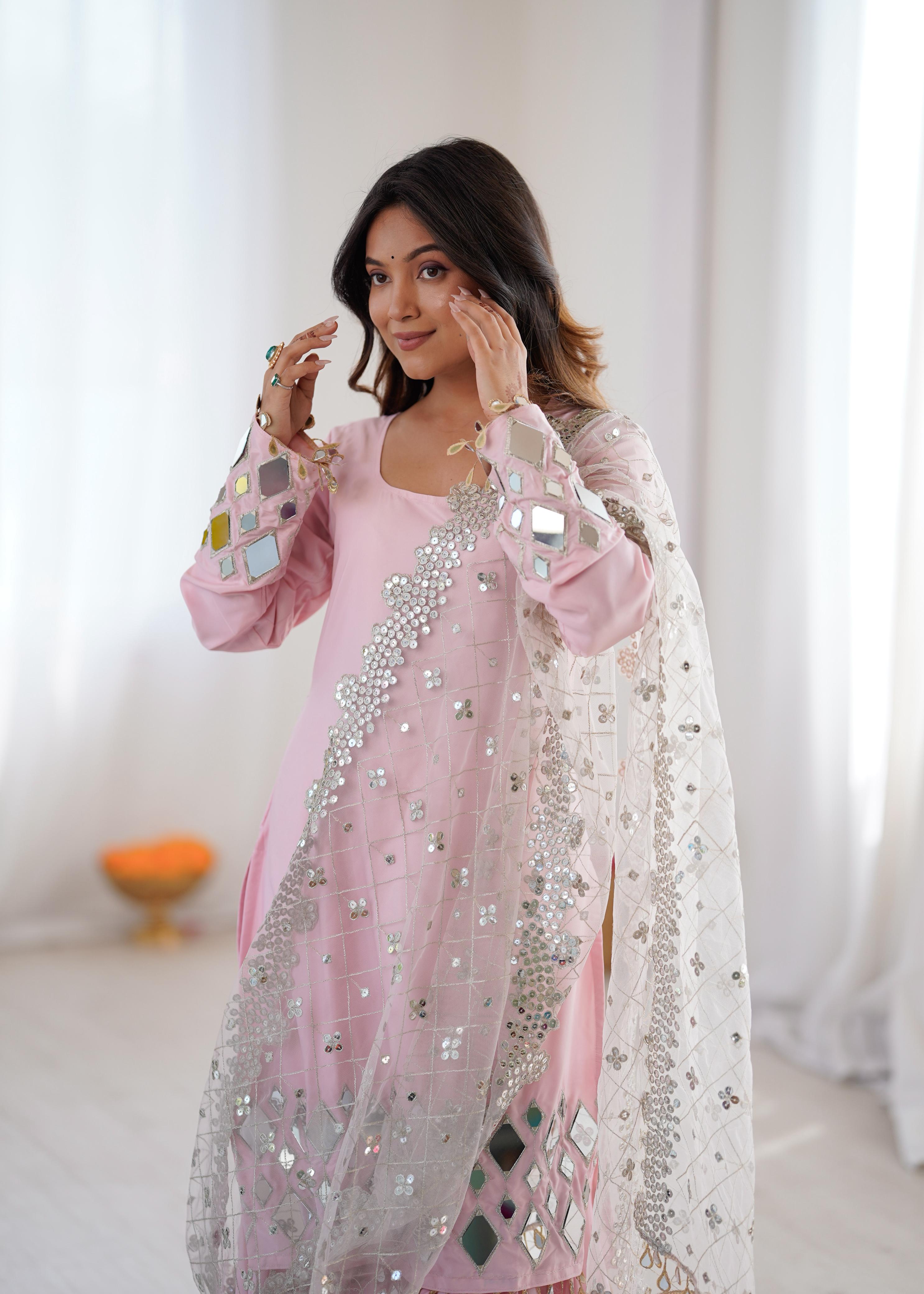 Pink Sharara Suit Set with Mirror Work Dupatta