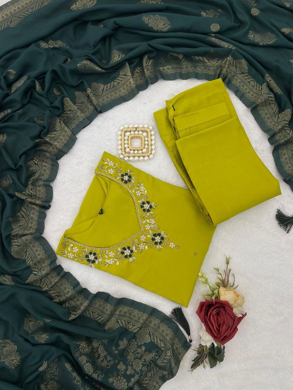 Designer Roman Silk Kurti Set with Jacquard Dupatta