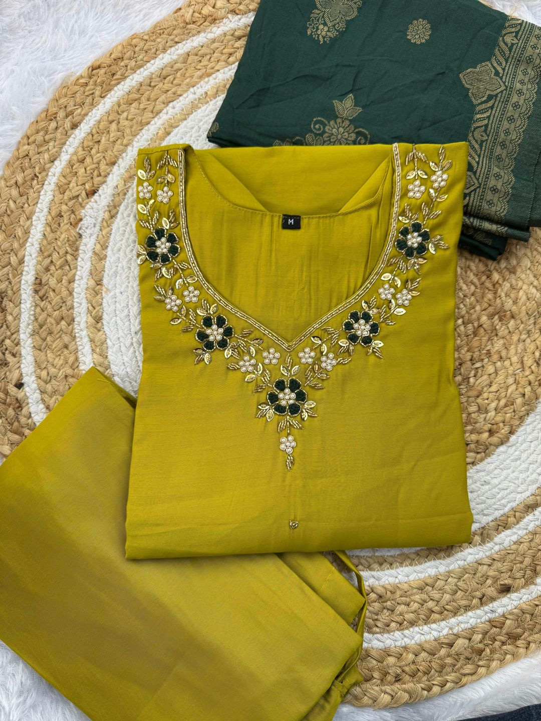 Designer Roman Silk Kurti Set with Jacquard Dupatta