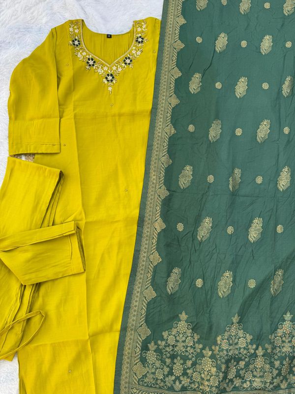 Designer Roman Silk Kurti Set with Jacquard Dupatta