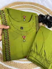 Designer Cotton A-Line Kurti Pant Set with Mirror Work - Green