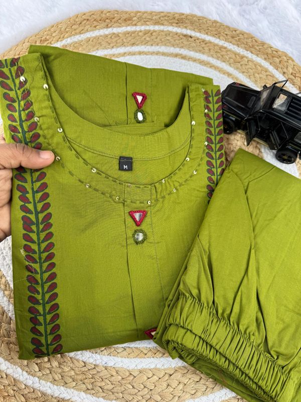Designer Cotton A-Line Kurti Pant Set with Mirror Work
