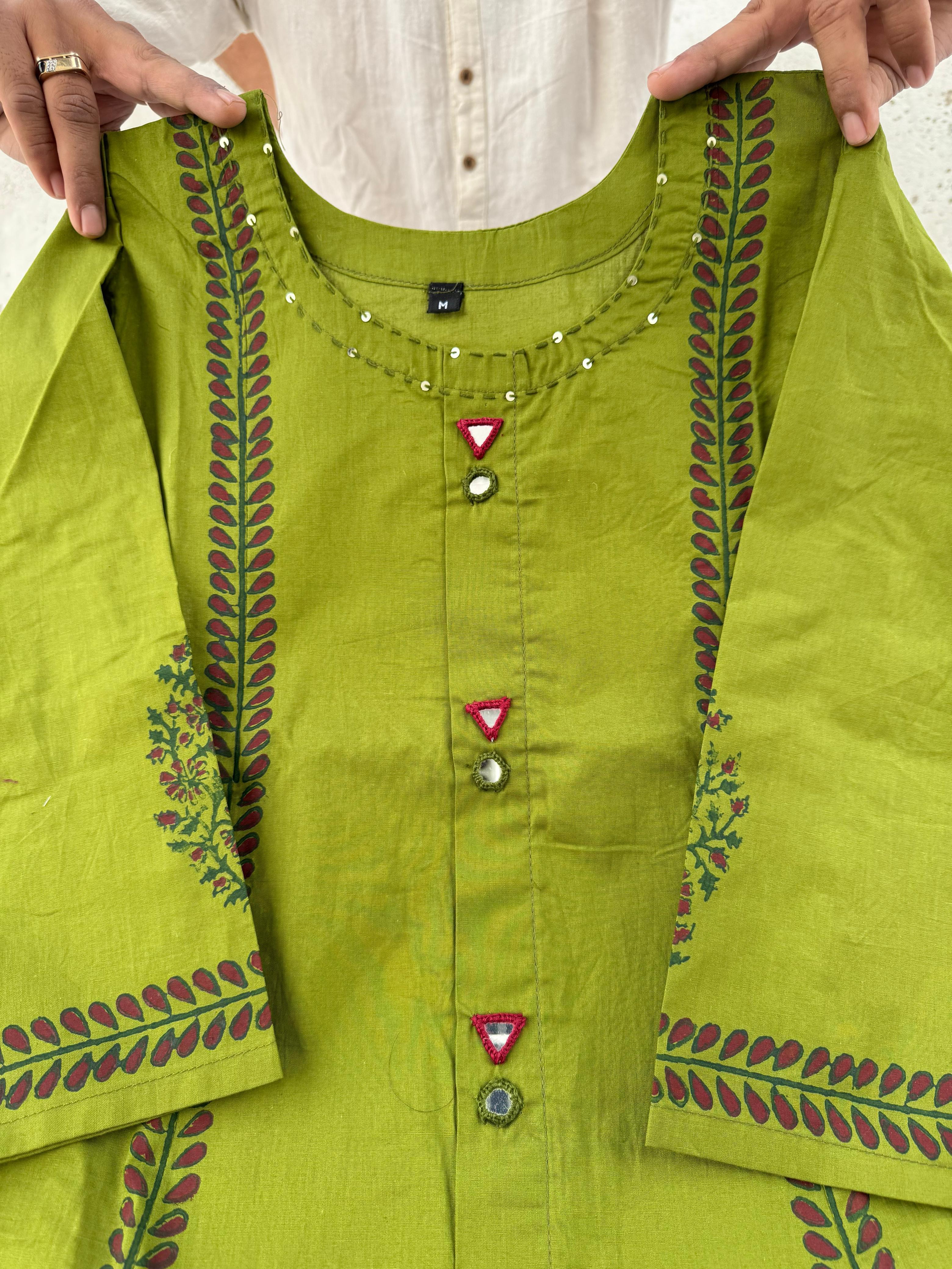 Designer Cotton A-Line Kurti Pant Set with Mirror Work