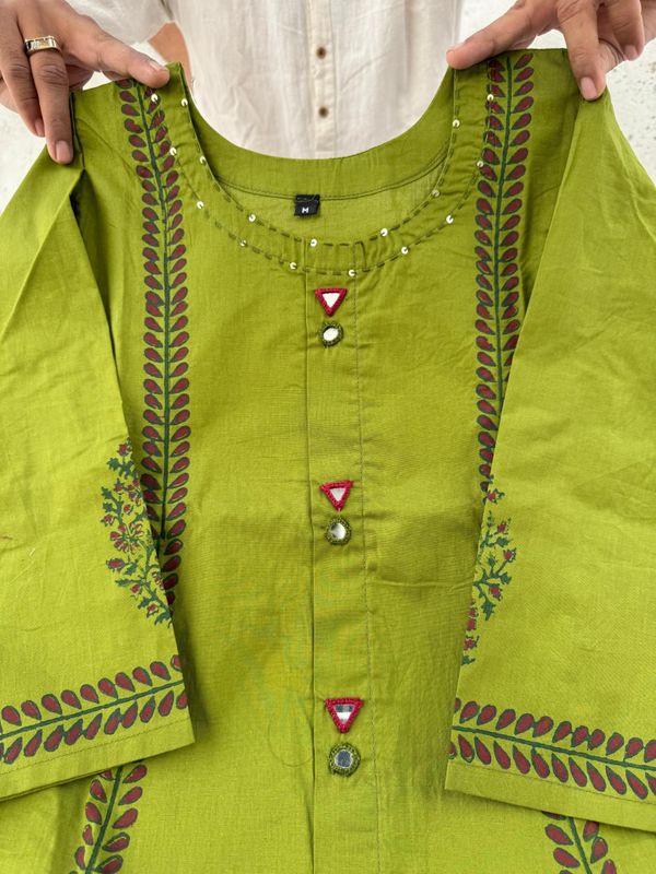 Designer Cotton A-Line Kurti Pant Set with Mirror Work