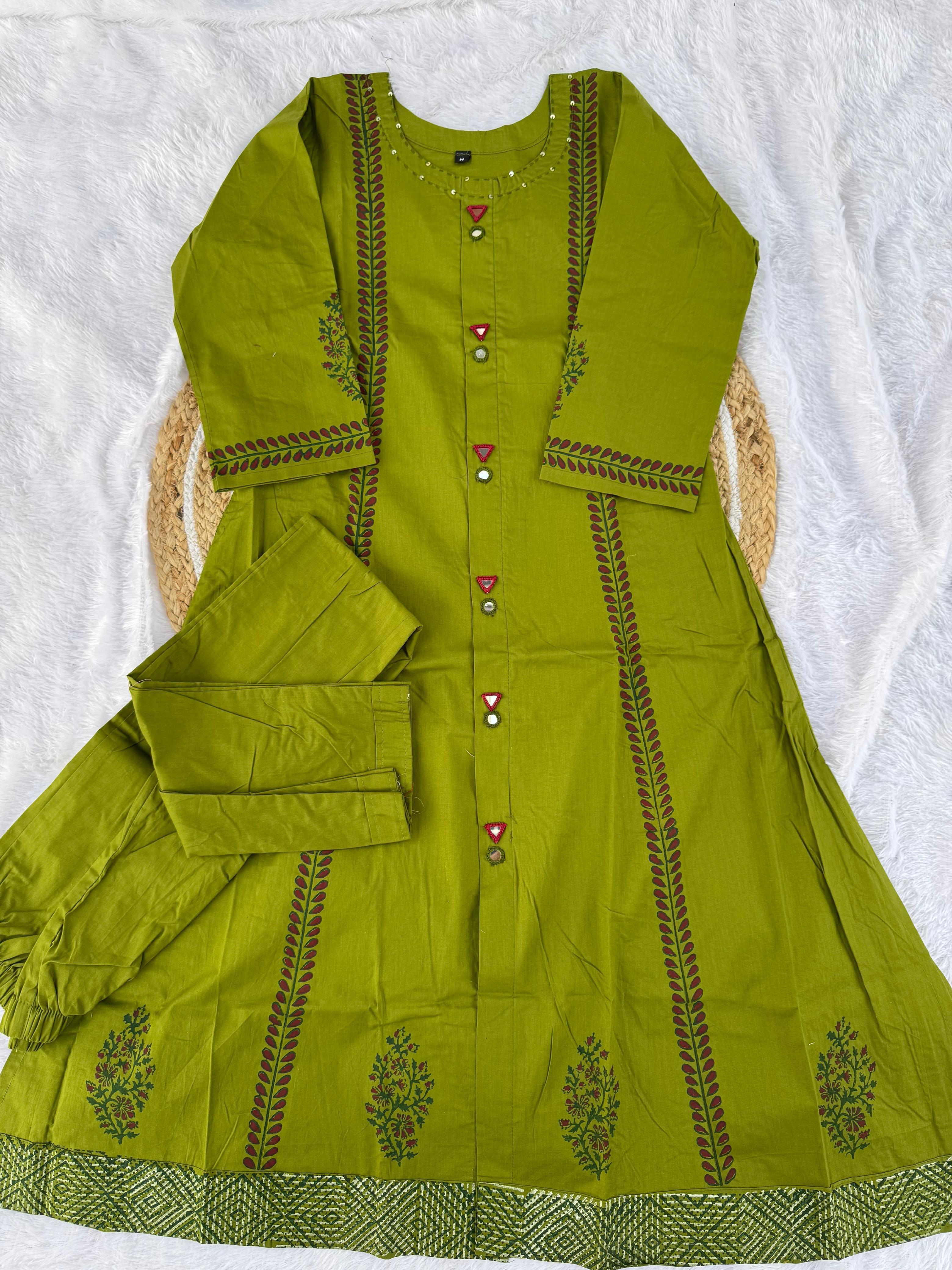 Designer Cotton A-Line Kurti Pant Set with Mirror Work
