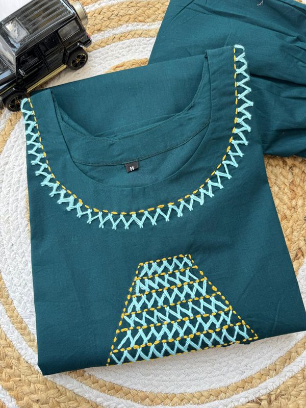 Teal Cotton A-Line Kurti Pant Set with Handwork