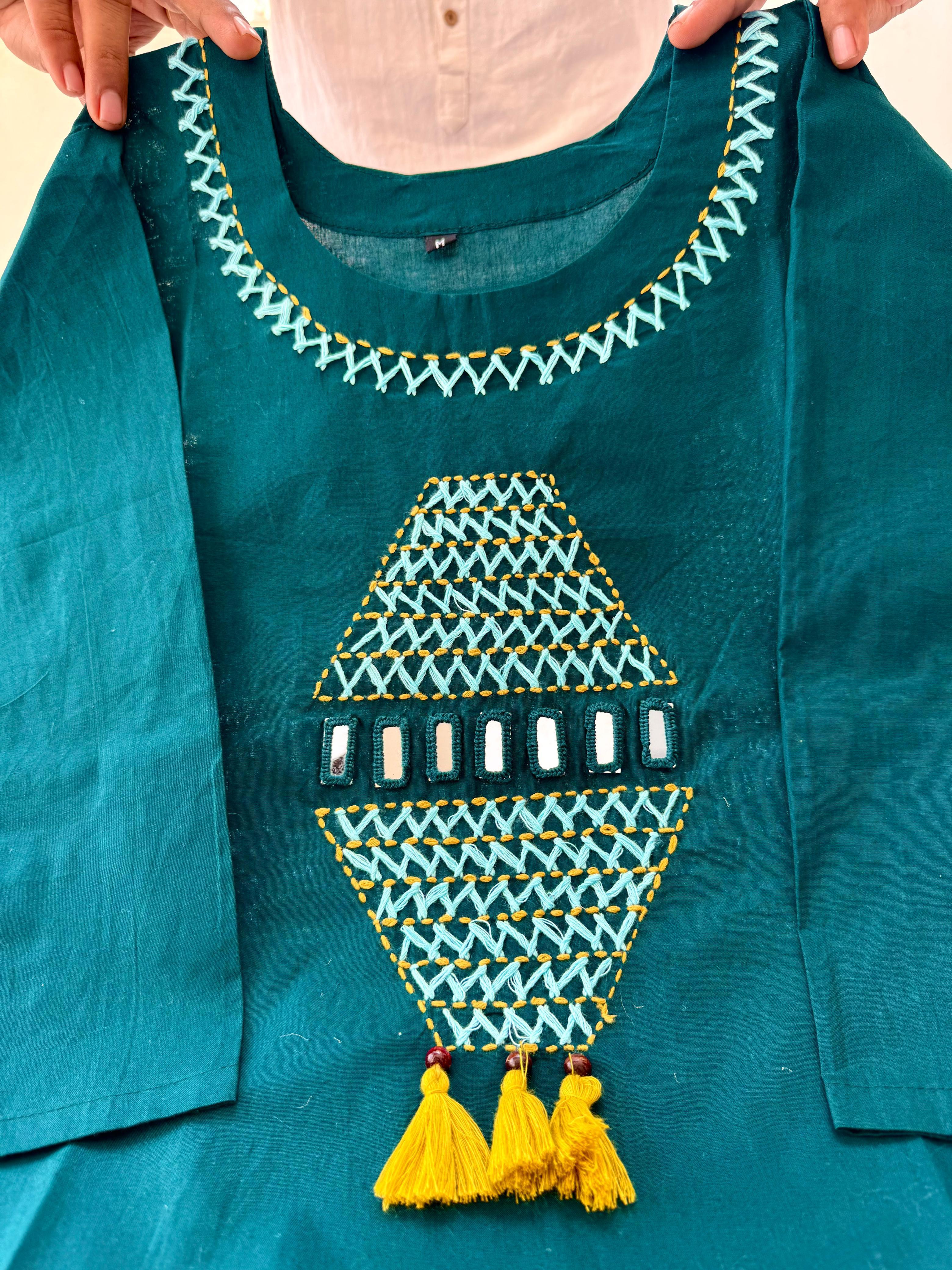 Teal Cotton A-Line Kurti Pant Set with Handwork